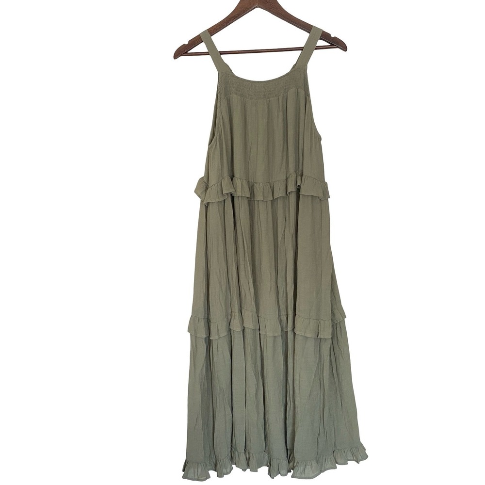 Blu Pepper Women Tiered Ruffle Maxi Dress L Olive Green Boho Smocked Tie Back